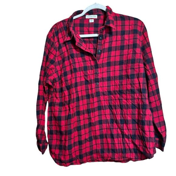 Coldwater Creek Top Womens XL Multicolor Buffalo Plaid Cotton Popover Blouse - Picture 1 of 9